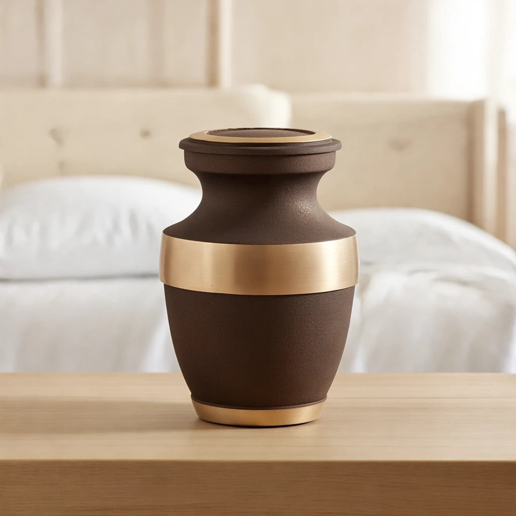 Metal Keepsake Urn for Ashes in Bronze with Gold Band