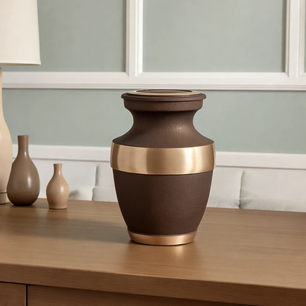 Metal Keepsake Urn for Ashes in Bronze with Gold Band