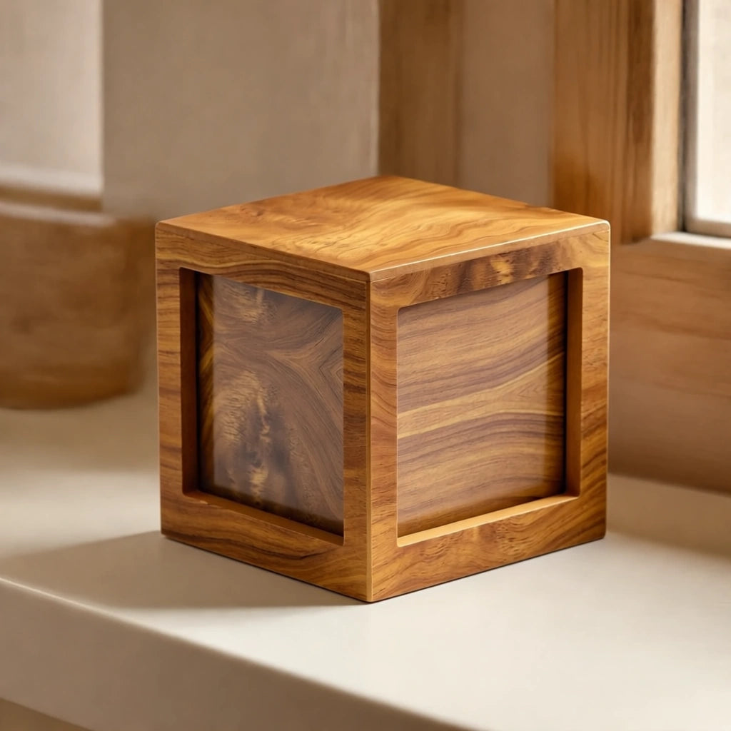 Oak Wood Effect MDF Photo Cube Cremation Urn for Ashes - Large