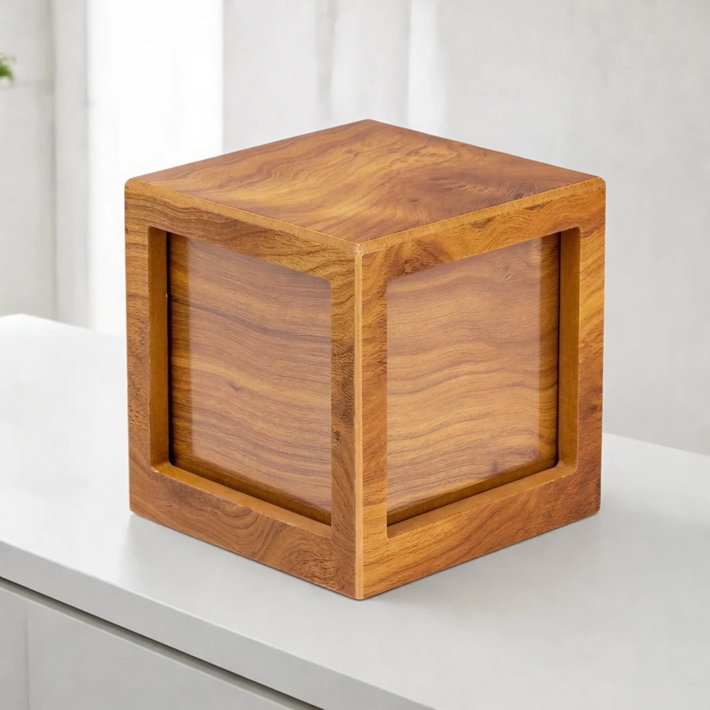 Oak Wood Effect MDF Photo Cube Urn for Ashes - Medium