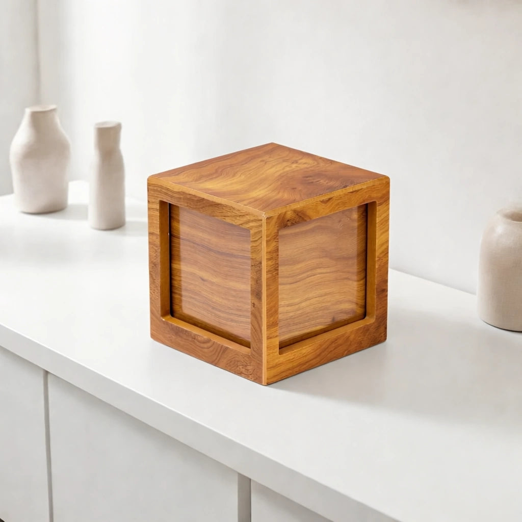 Oak Wood Effect MDF Photo Cube Urn for Ashes - Medium