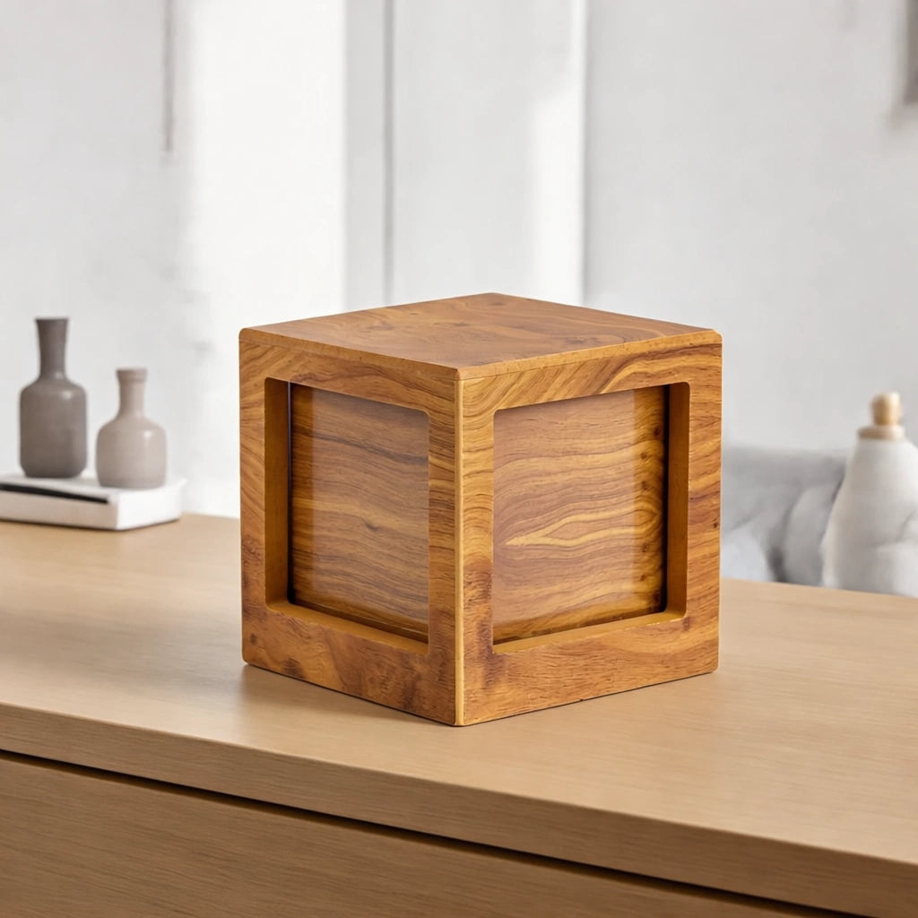 Oak Wood Effect MDF Photo Cube Urn for Ashes - Small