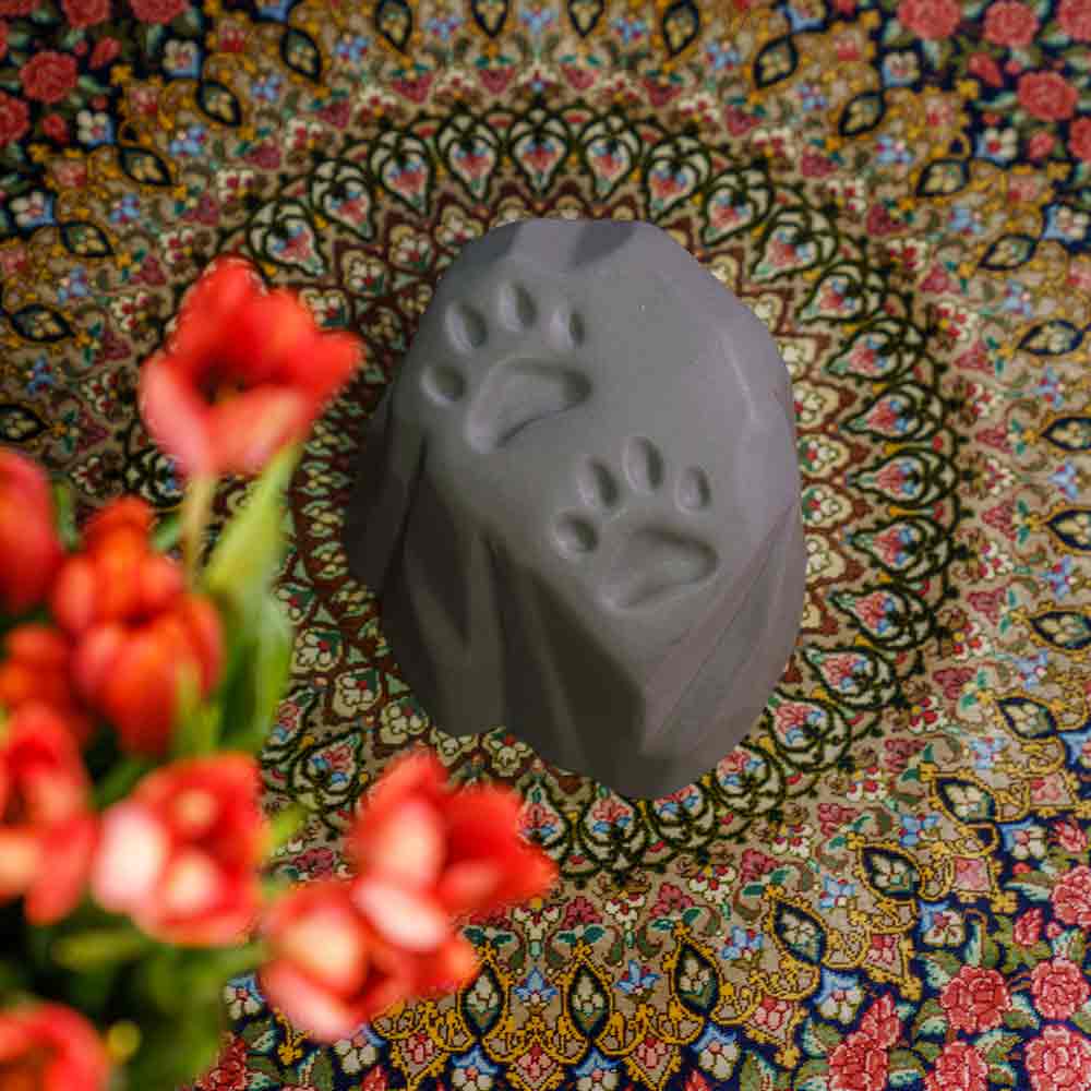 Paw Prints Dog Urn For Ashes Matte Grey On Pattern Above