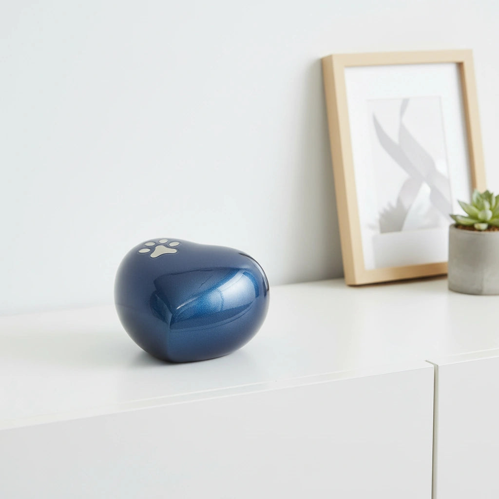 Pawprint Heart Pet Keepsake Urn for Ashes in Midnight Blue & Silver