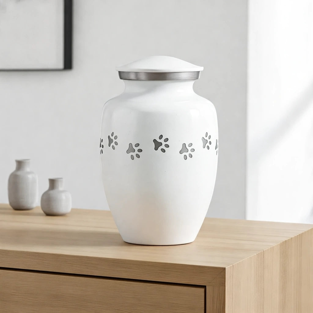 Pawprint Pet Urn for Ashes in White & Silver - Large