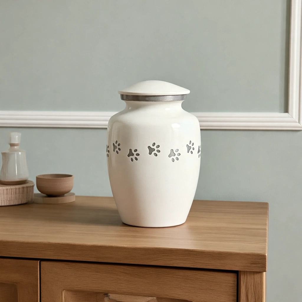 Pawprint Pet Urn for Ashes in White & Silver - Medium