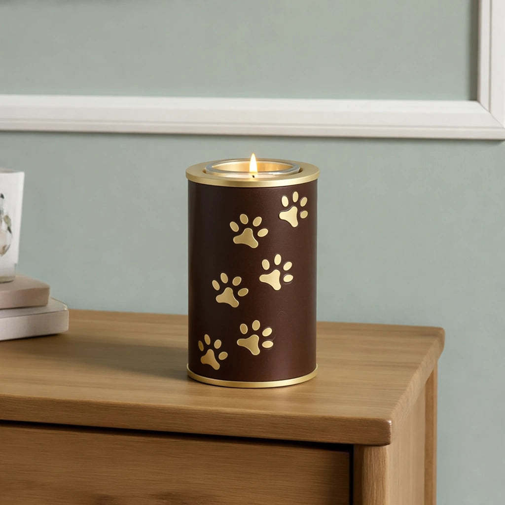 Pawprints Candle Pet Urn for Ashes in Brown and Gold - Small