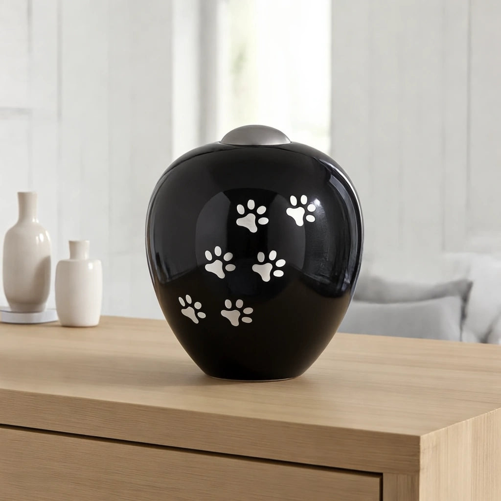 Pawprints Pet Urn for Ashes in Black & Silver - Large