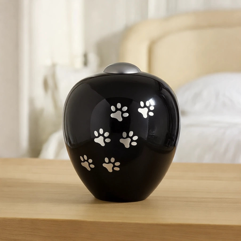 Pawprints Pet Urn for Ashes in Black & Silver - Medium