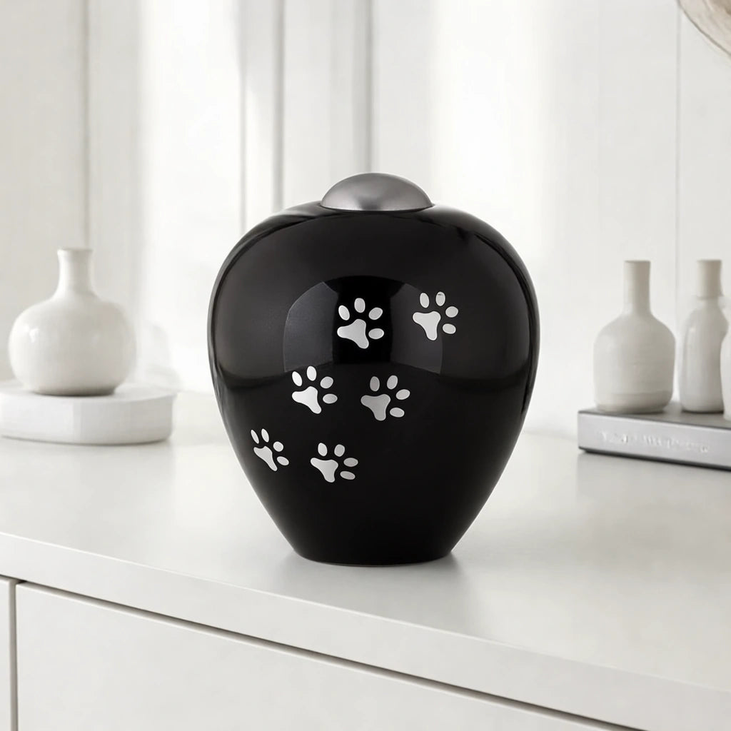 Pawprints Pet Urn for Ashes in Black & Silver - Small