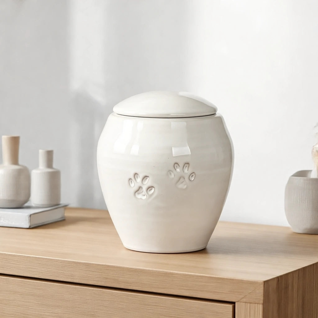 Pawprints Pet Urn for Ashes in White - Medium