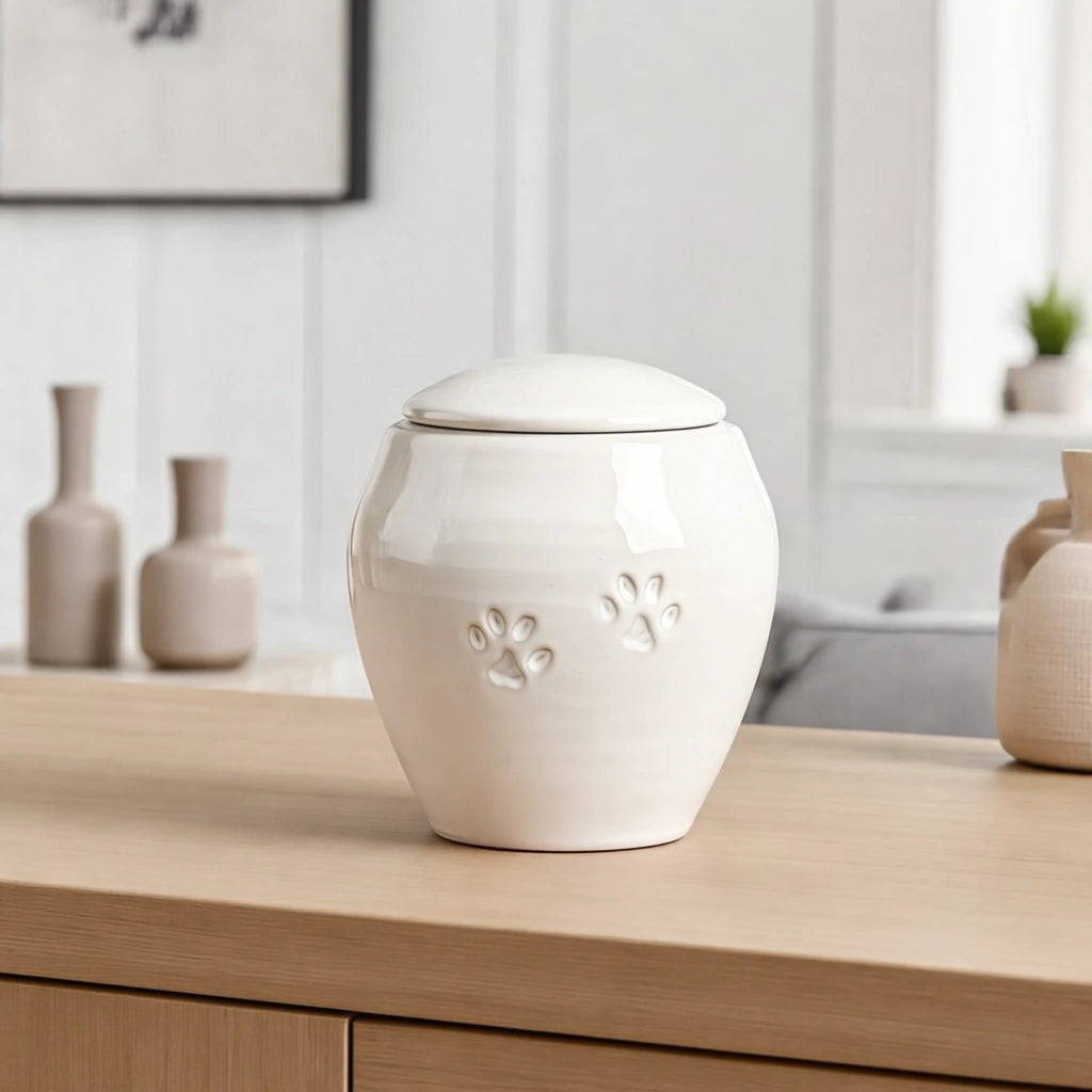 Pawprints Pet Urn for Ashes in White - Medium