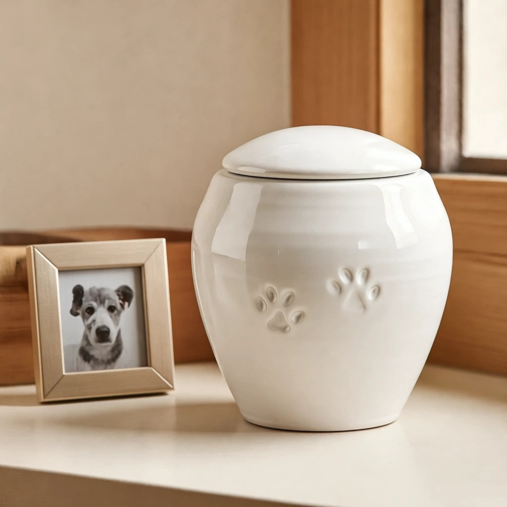 Pawprints Pet Urn for Ashes in White - Medium