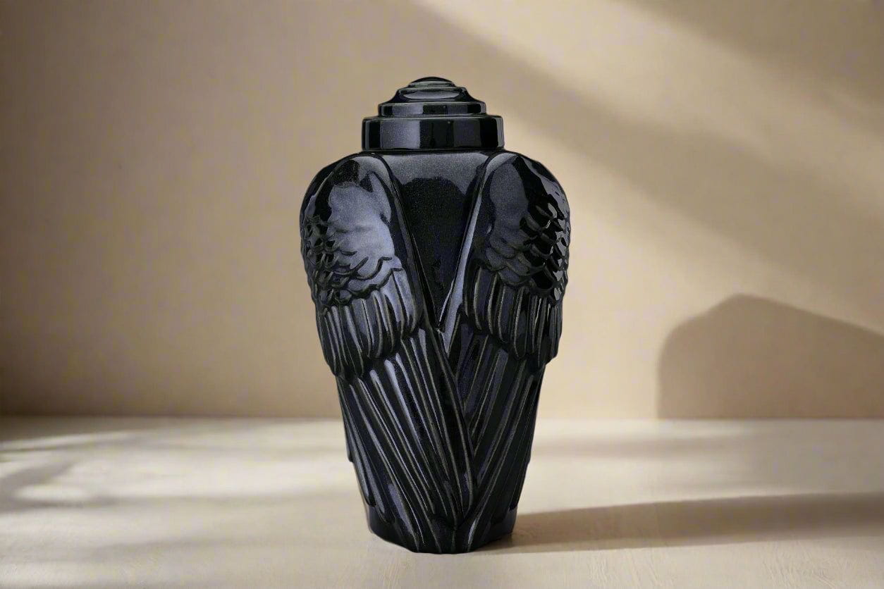 Angel Wings Adult Cremation Urn for Ashes in Glossy Black
