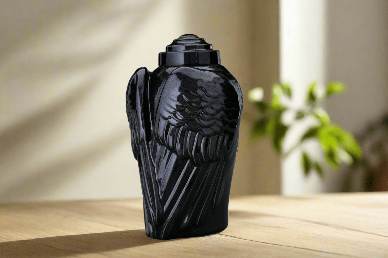 Angel Wings Adult Cremation Urn for Ashes in Glossy Black