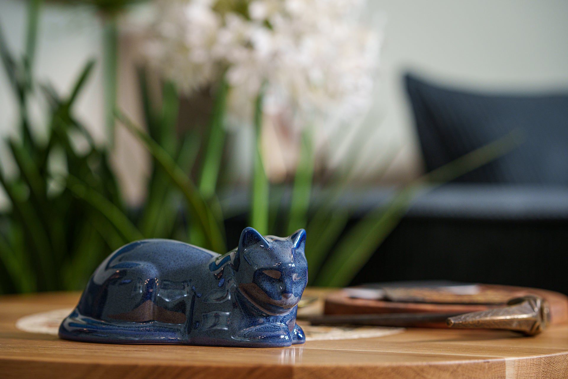 Laying Cat Mini Urn for Ashes in Blue