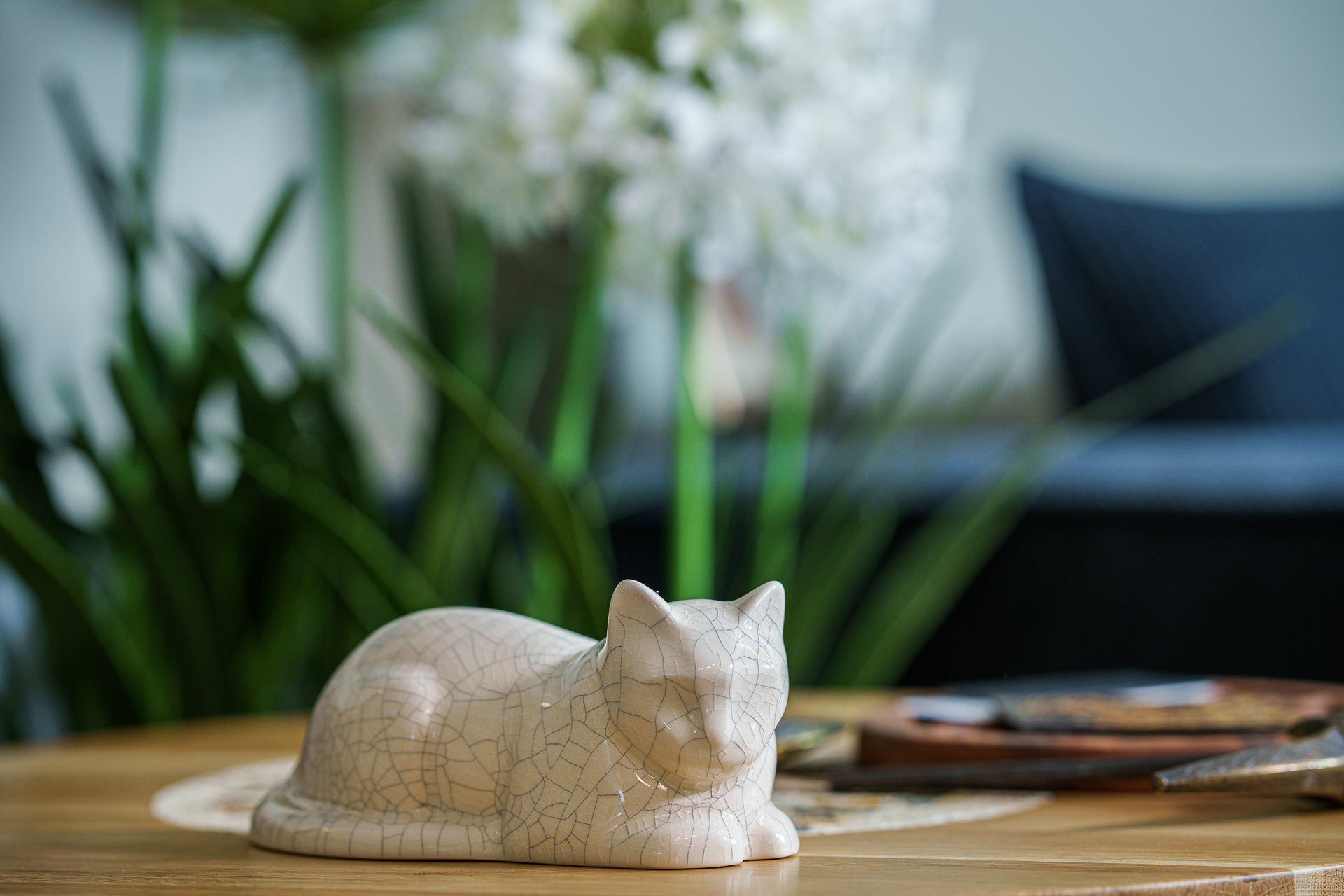 Laying Cat Mini Urn for Ashes in Crackle Glaze