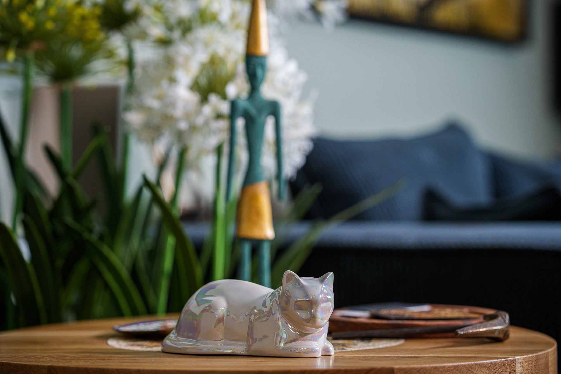 Laying Cat Mini Urn for Ashes in Pearlescent White
