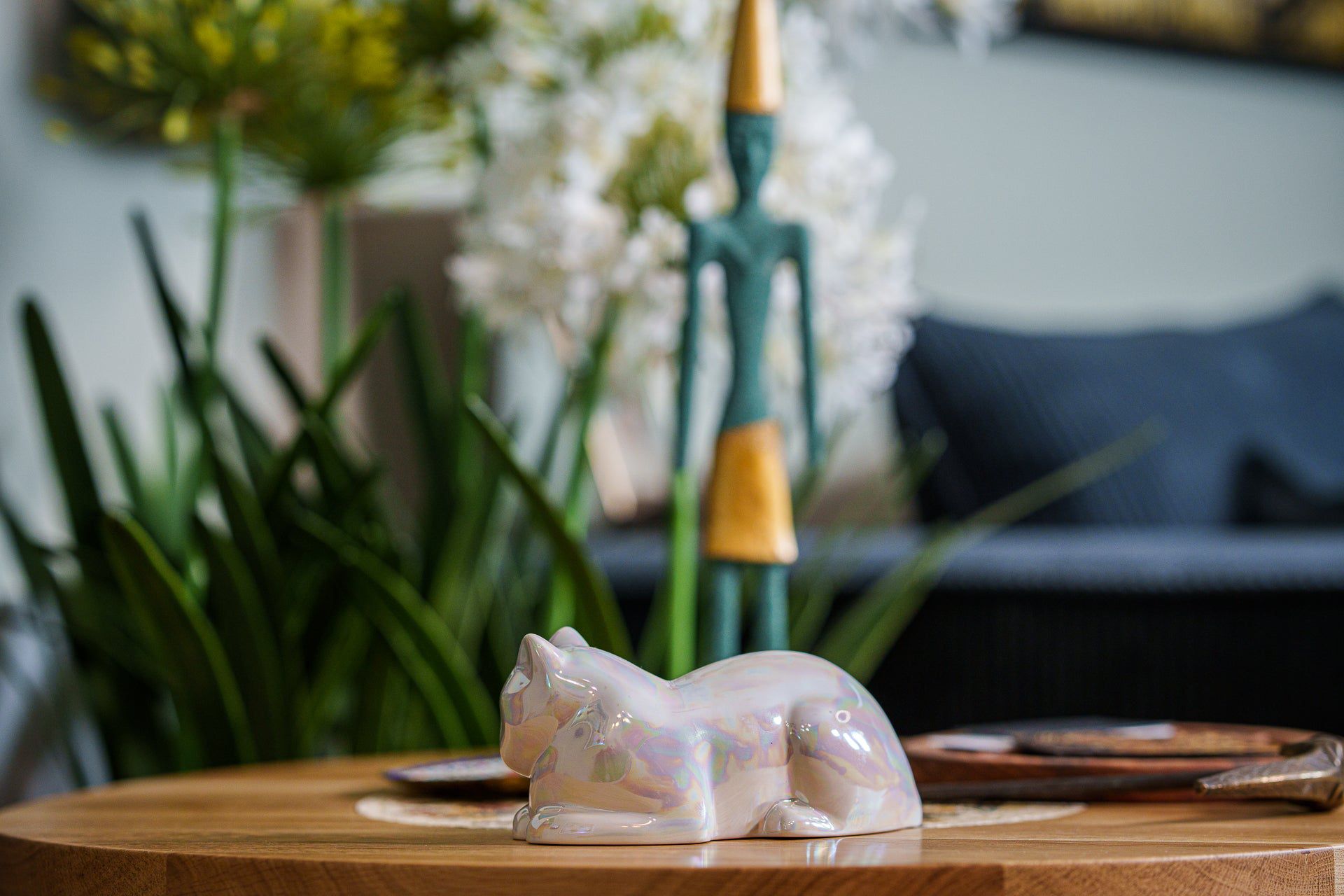 Laying Cat Mini Urn for Ashes in Pearlescent White