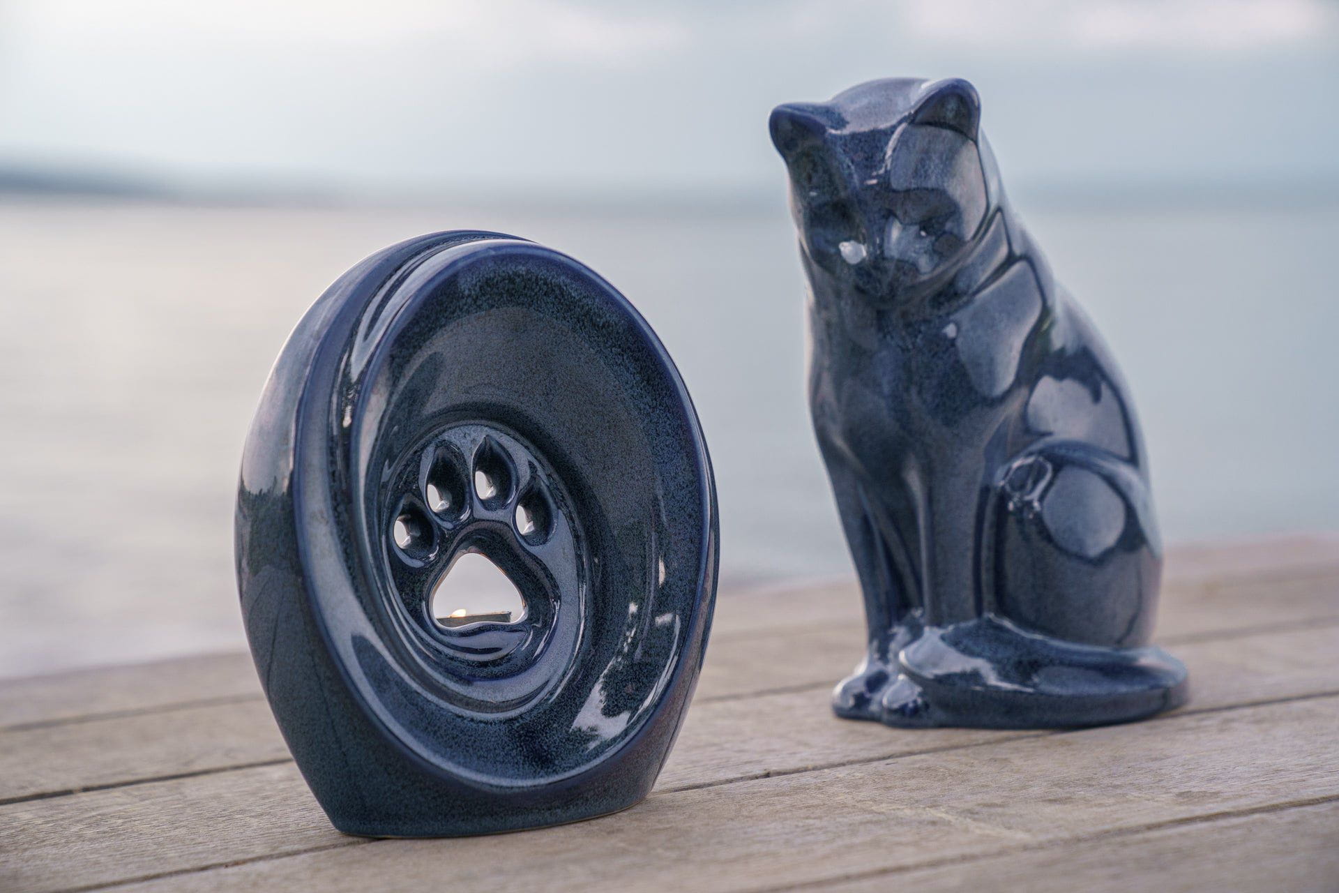 Sitting Cat Pet Urn for Ashes in Blue Melange