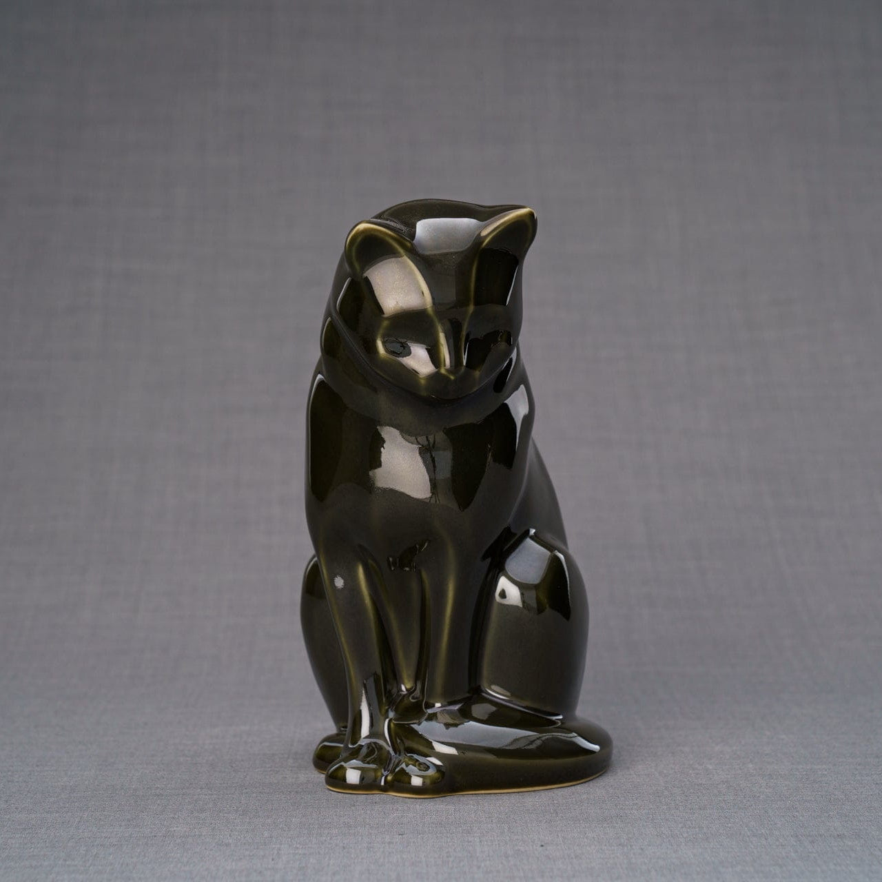 Sitting Cat Pet Urn for Ashes in Oily Green