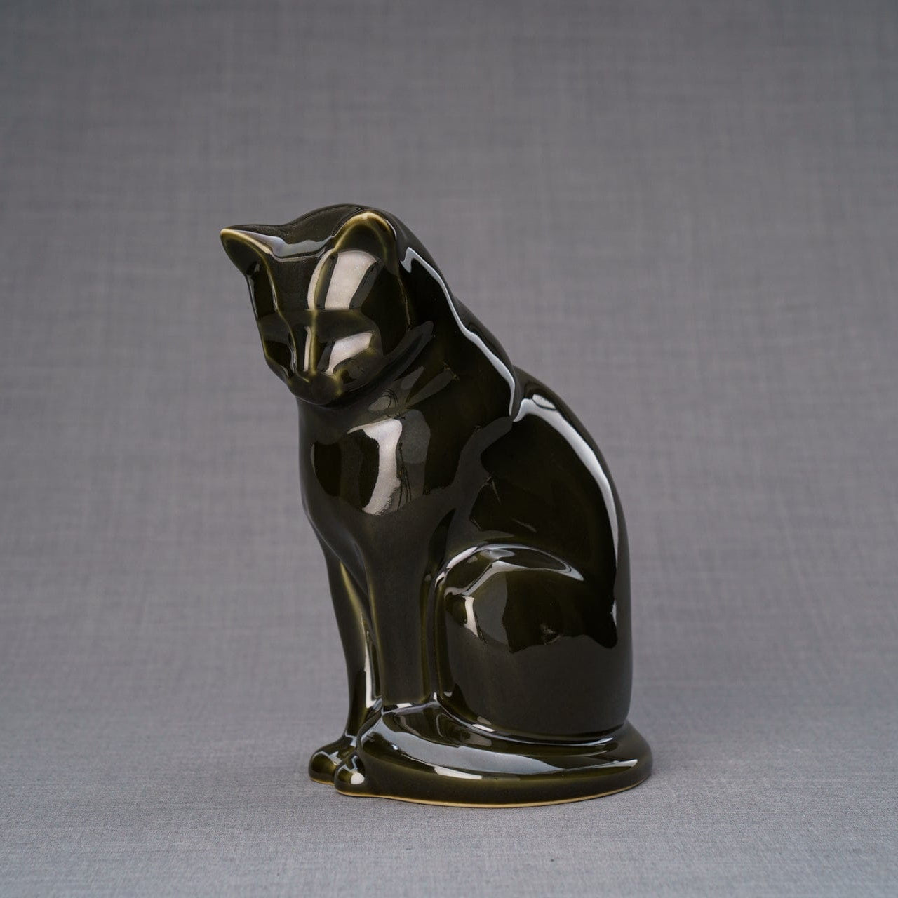 Sitting Cat Pet Urn for Ashes in Oily Green