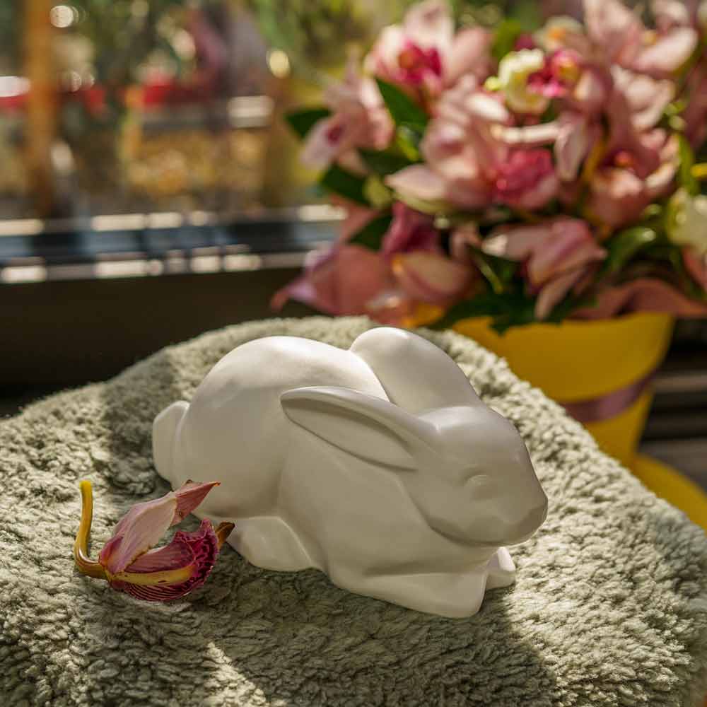 Rabbit Urn For Ashes Matte White On Cushion Top Right