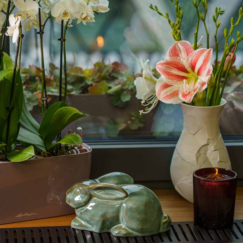 Rabbit Urn For Ashes Oily Green By Window Facing Left