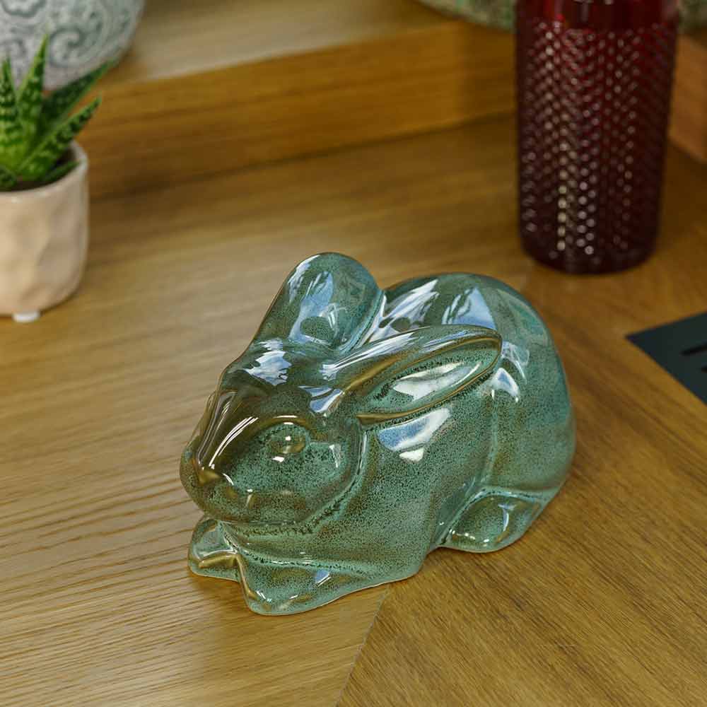 Rabbit Urn For Ashes Oily Green By Window Front Left