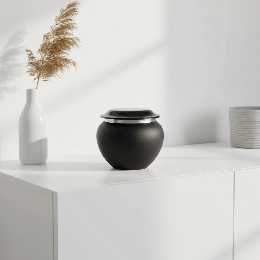 Silver Band Pet Urn for Ashes in Black - Medium