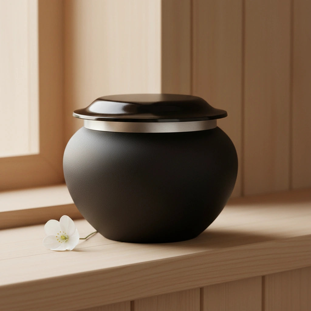 Silver Band Pet Urn for Ashes in Black - Medium