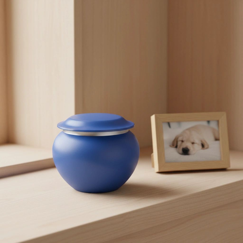 Silver Band Pet Urn for Ashes in Blue - Small