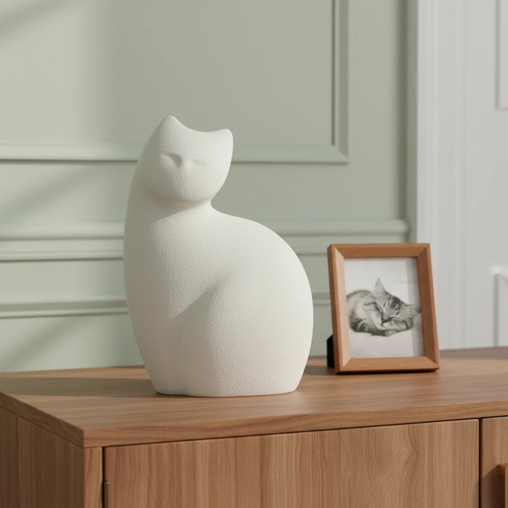 Sitting Cat Urn for Ashes in White