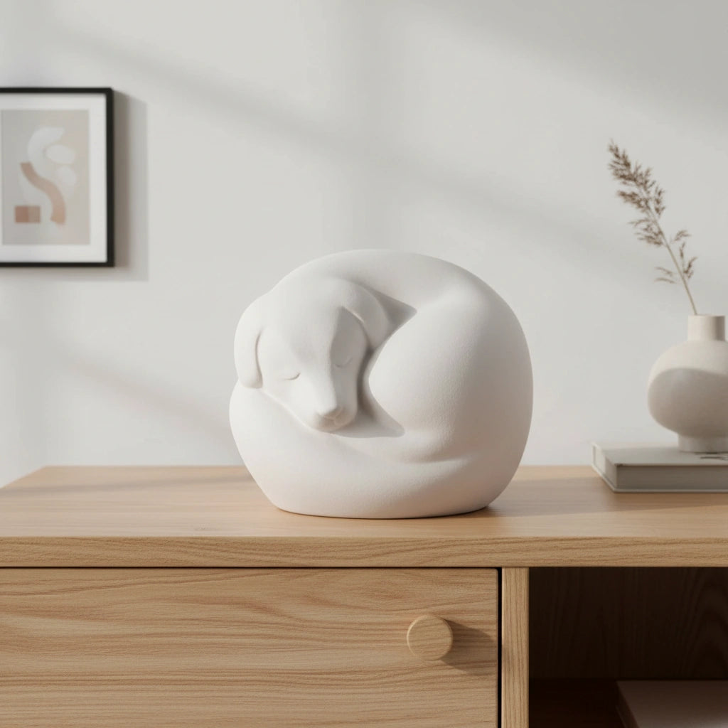 Sleeping Dog Urn for Ashes in White