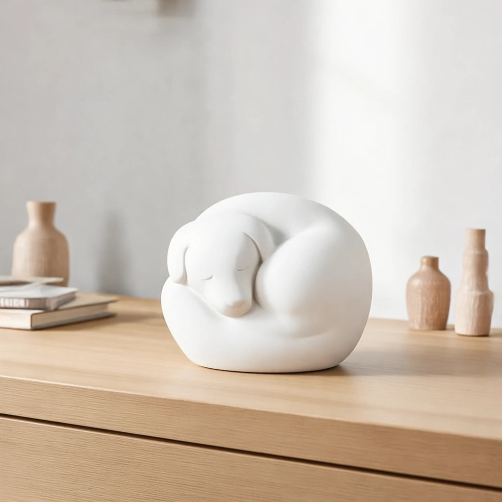 Sleeping Dog Urn for Ashes in White
