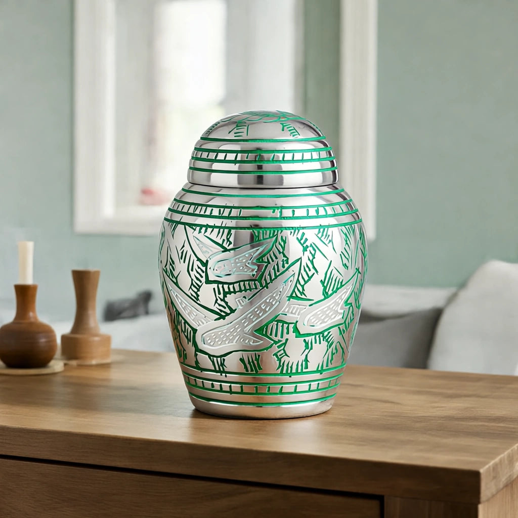 Soaring Doves Metal Keepsake Urn for Ashes in Green and Silver