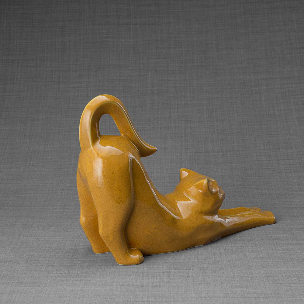 Stretching Cat Urn For Ashes Amber Back Right