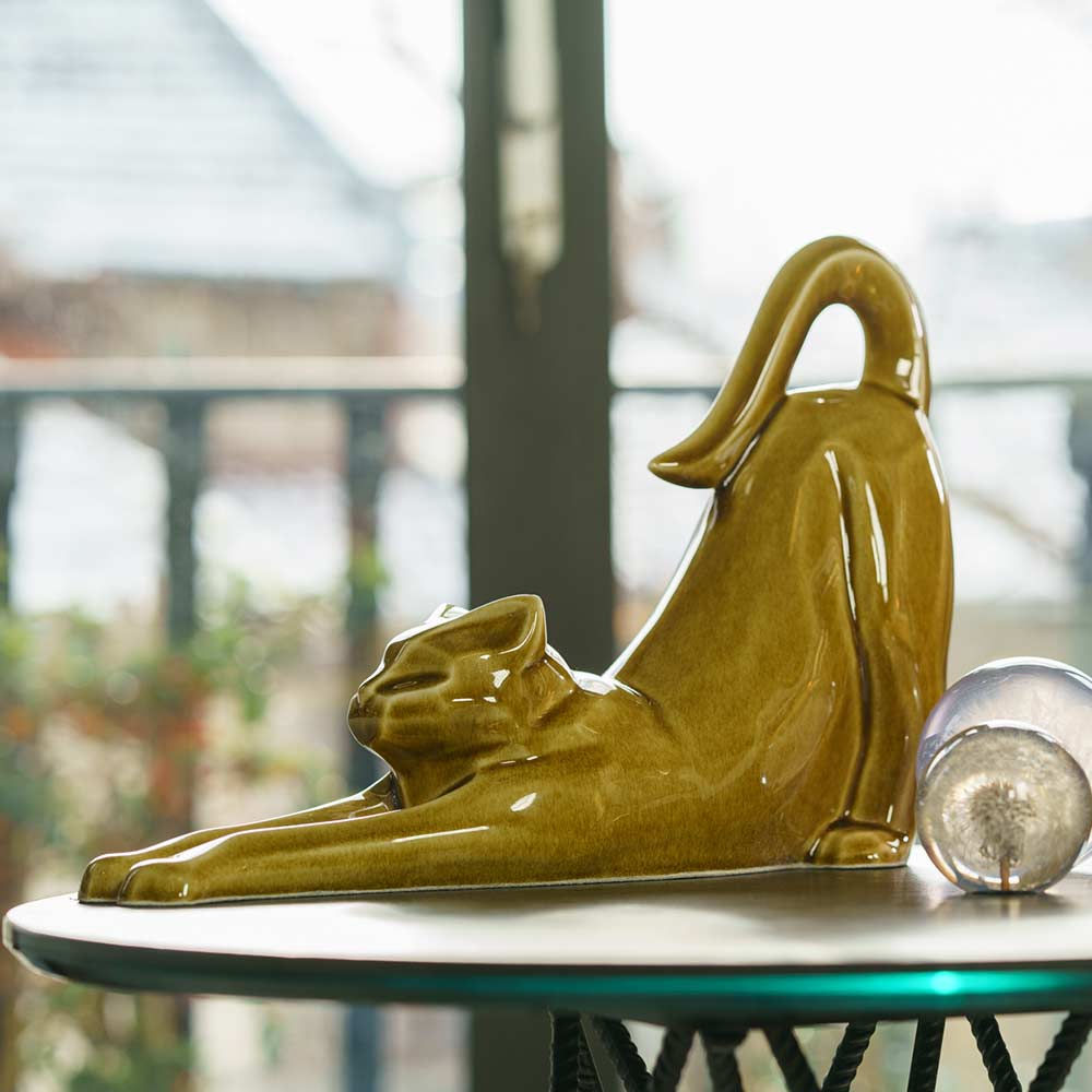 Stretching Cat Urn For Ashes Dark Sand On Table Left