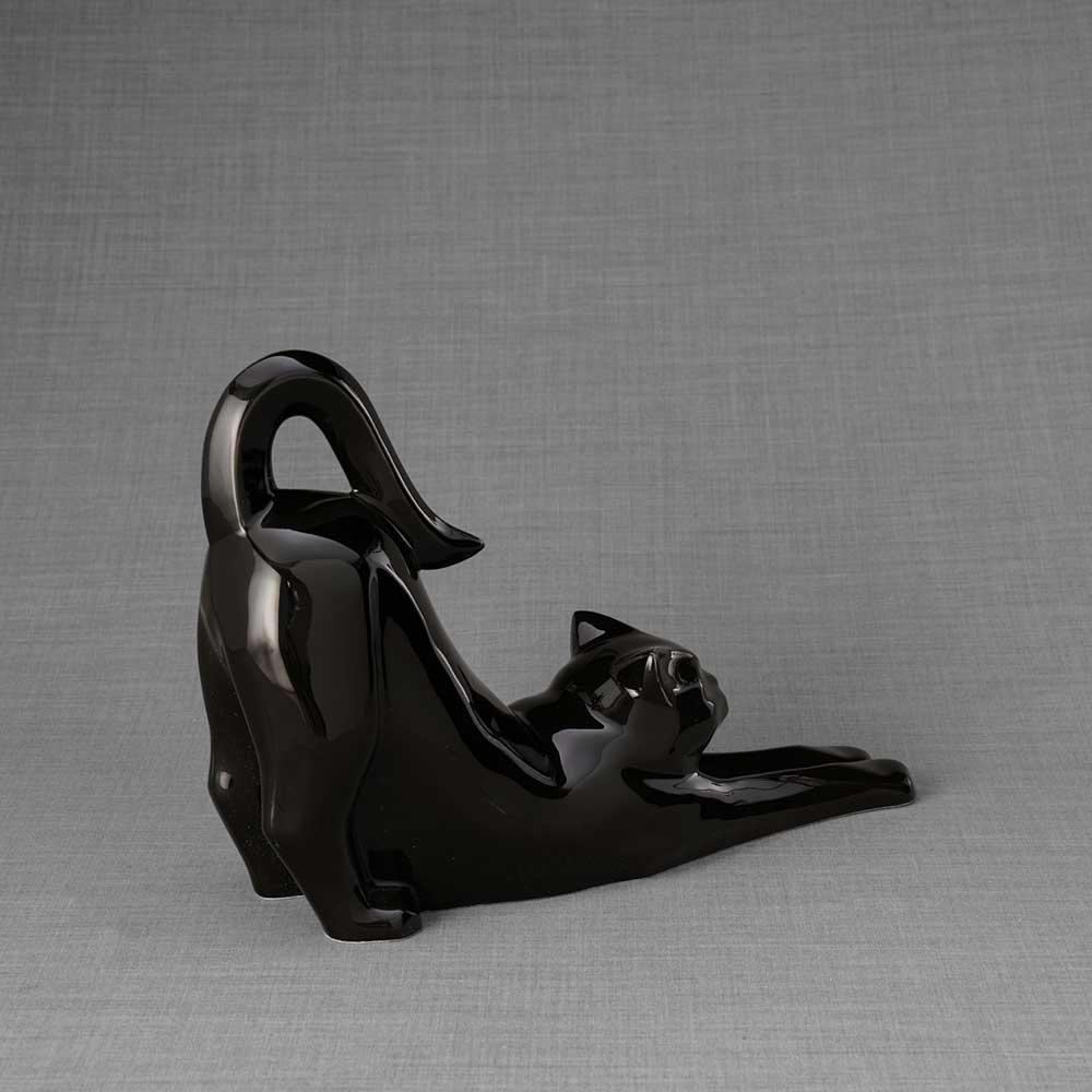 Stretching Cat Urn For Ashes Glossy Black Back Right