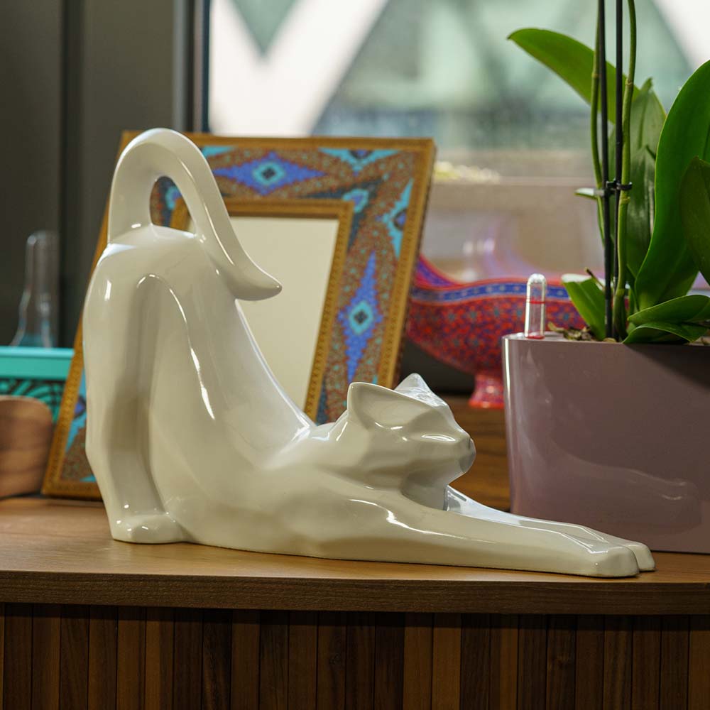 Stretching Cat Urn For Ashes White Back Right On Shelf