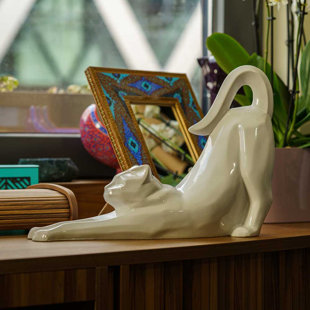 Stretching Cat Urn For Ashes White Left On Desk Side View