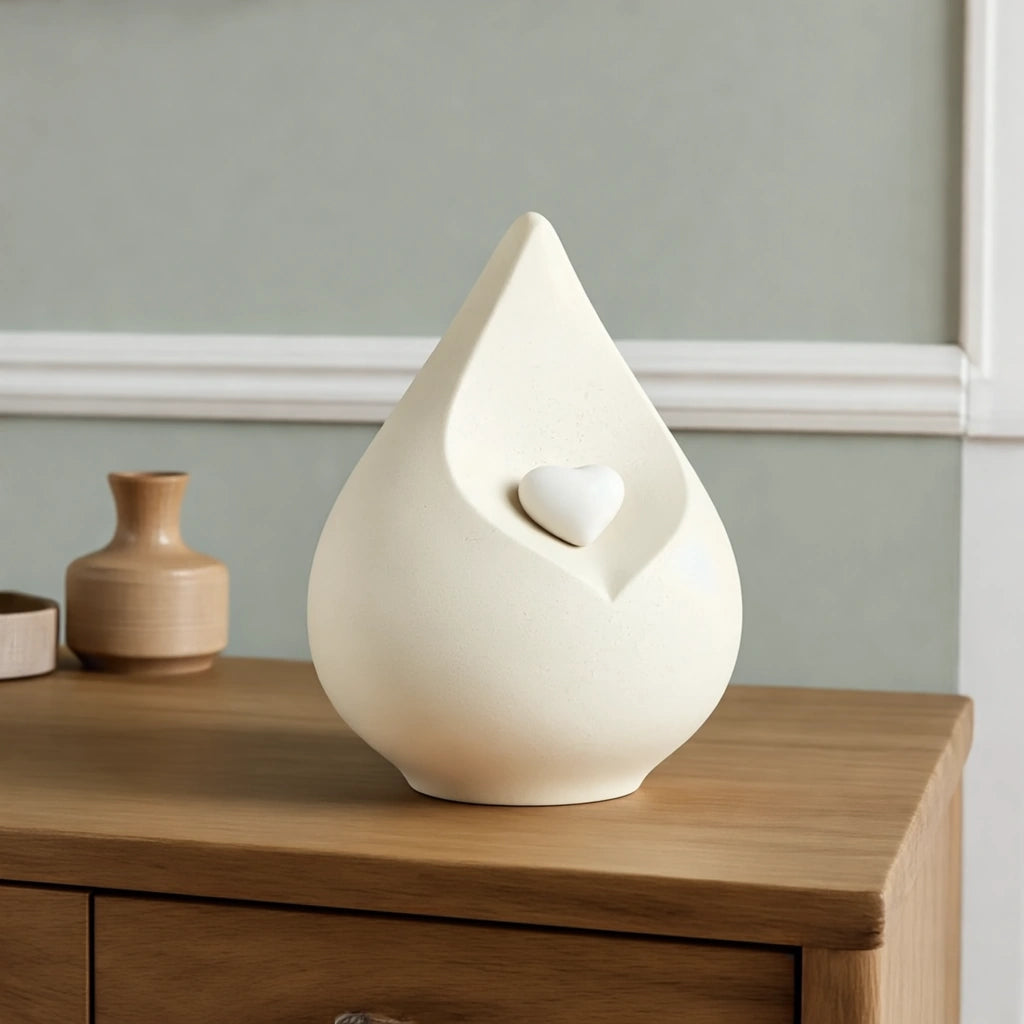 Teardrop Medium Urn for Ashes with Heart in Light Beige