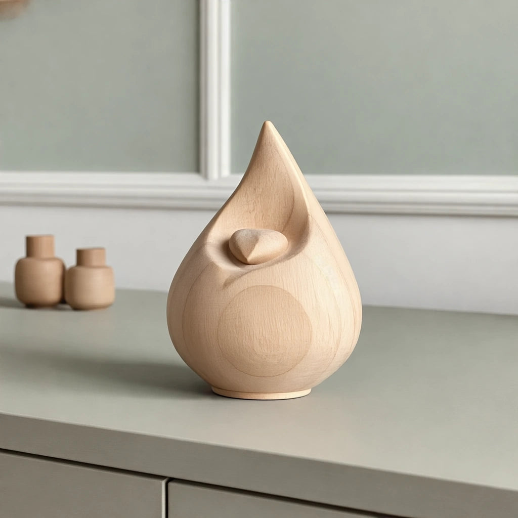 Teardrop Small Urn for with Heart Ashes in Natural Wood