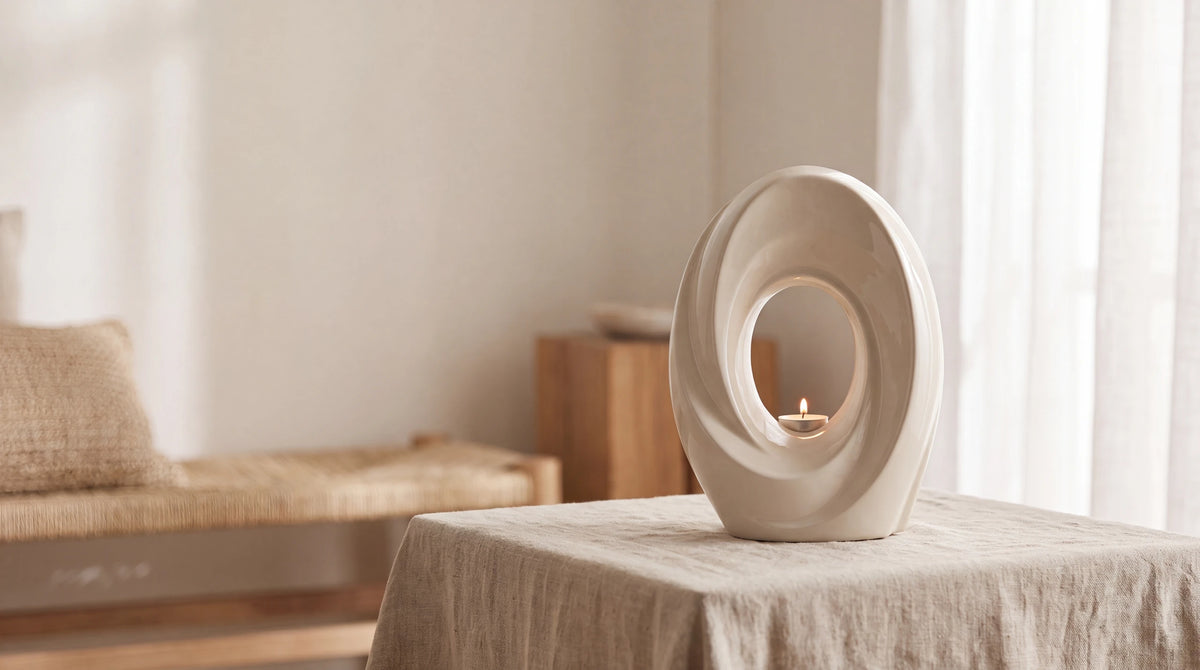 The Passage urn in cream on a linen-covered table by a window