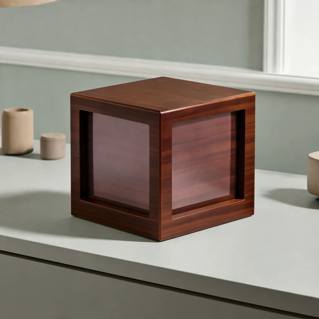Walnut Effect MDF Photo Cube Cremation Urn for Ashes - Large