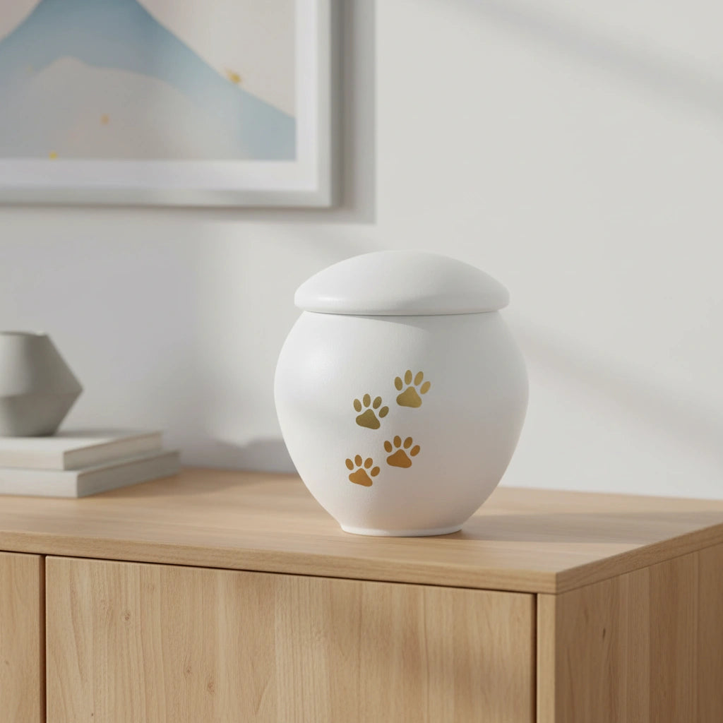 White & Gold Pawprints Pet Urn for Ashes - Large