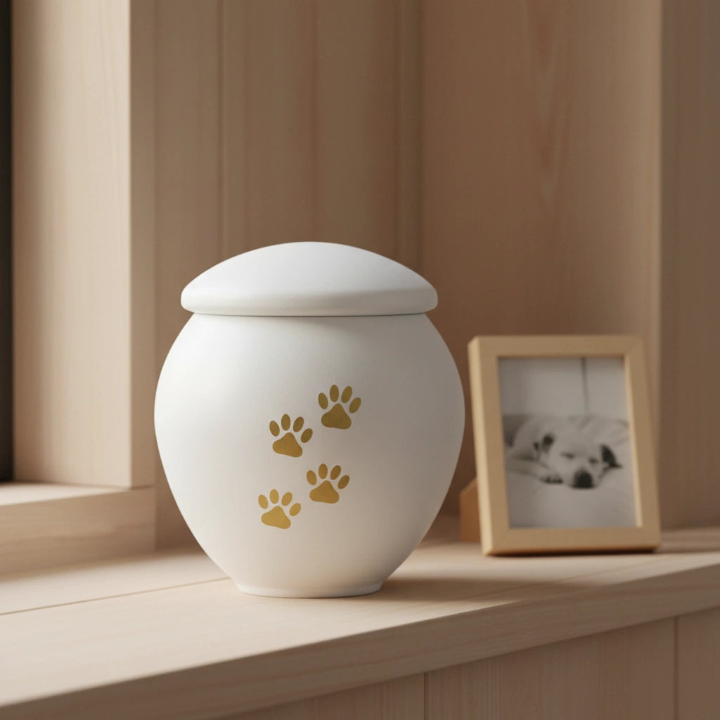 White & Gold Pawprints Pet Urn for Ashes - Large