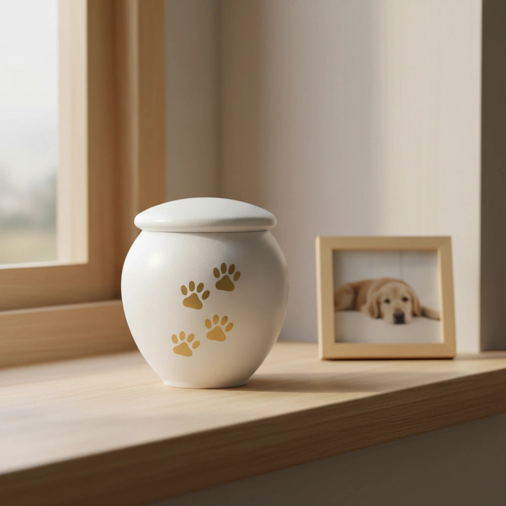 White & Gold Pawprints Pet Urn for Ashes - Medium