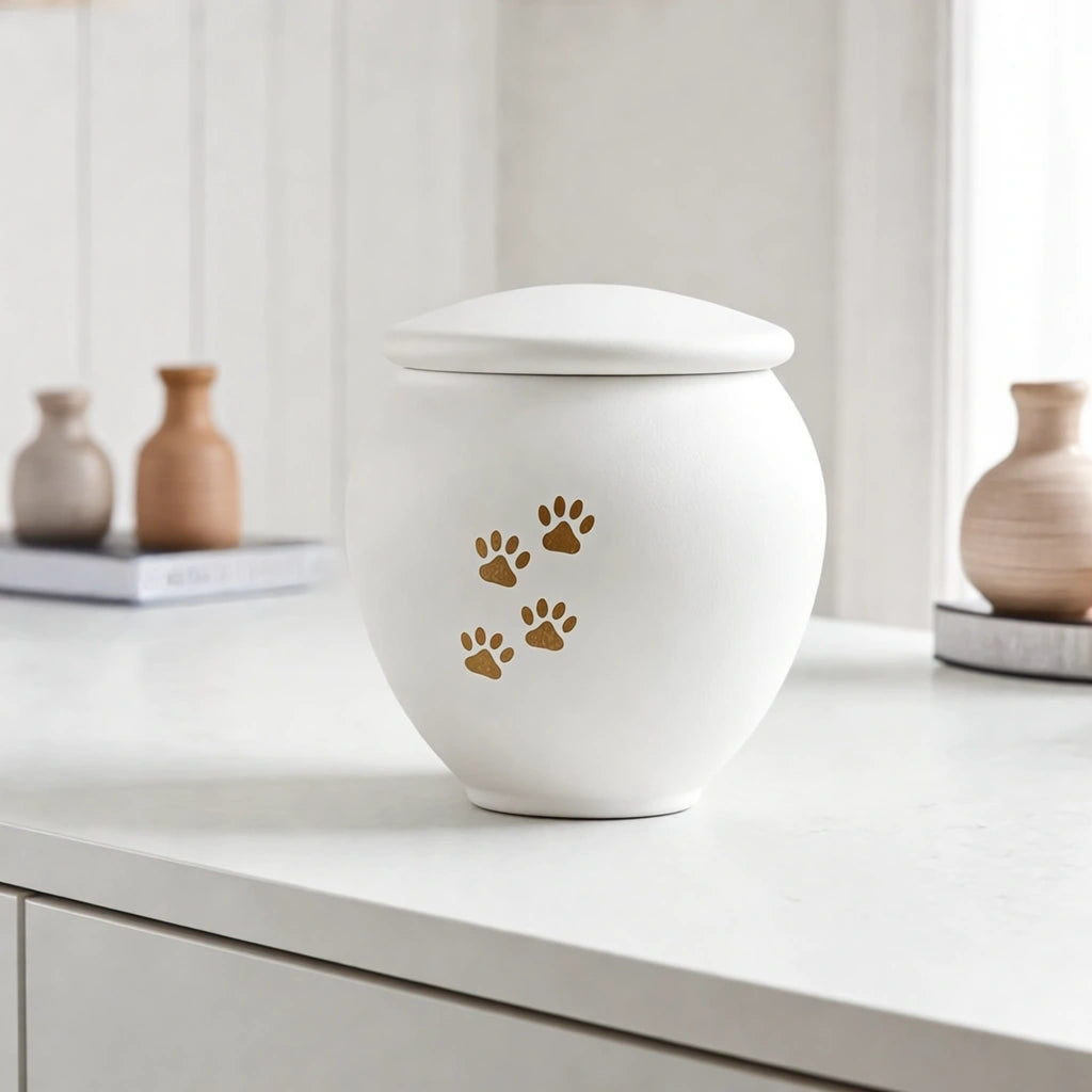 White & Gold Pawprints Pet Urn for Ashes - Small