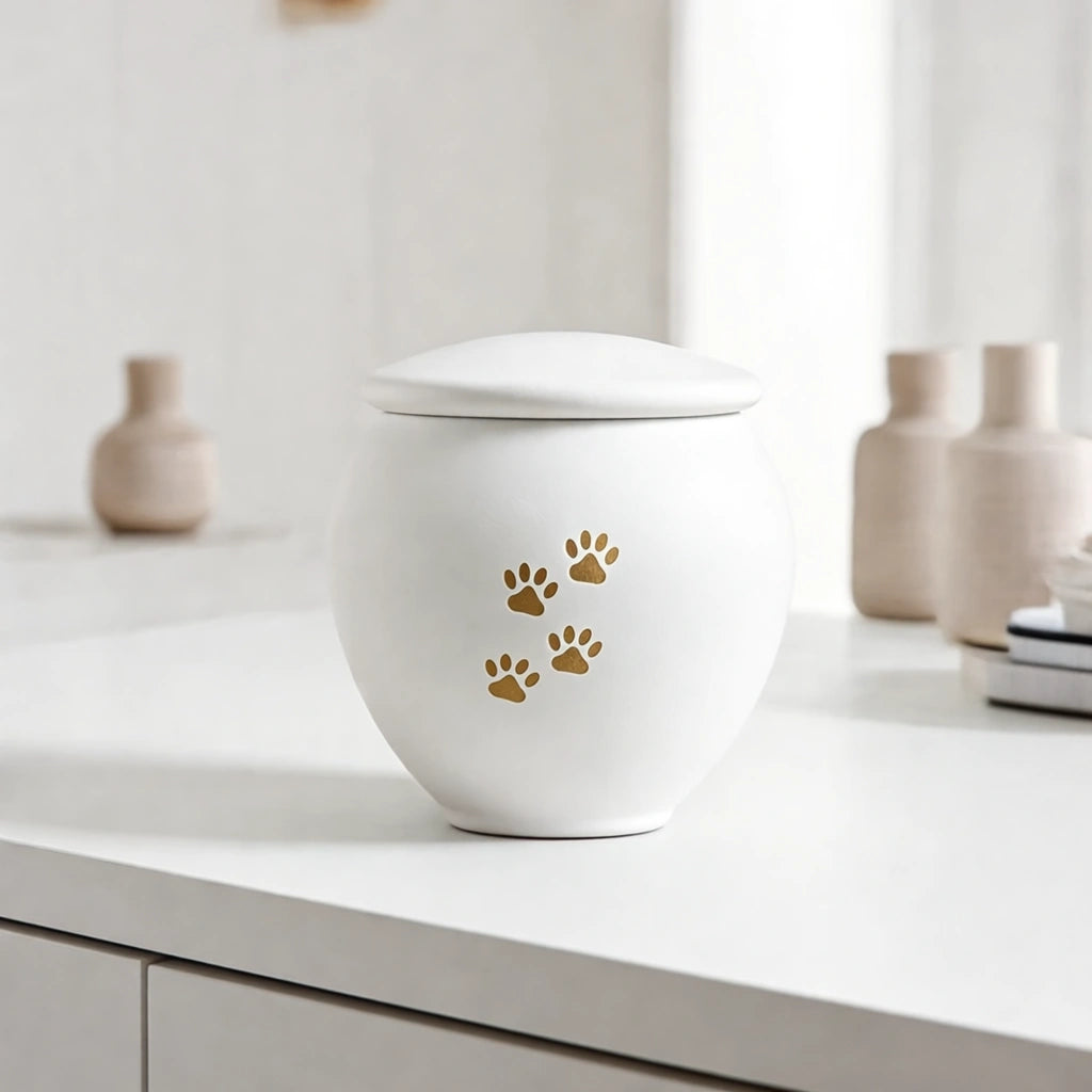 White & Gold Pawprints Pet Urn for Ashes - Small